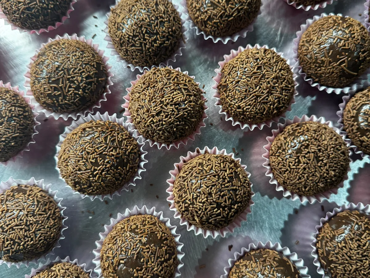 A tray of brigadeiros, Brazilian chocolate truffles
